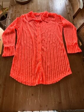 Fashion Nova Neon Coral Button-Up Swim Coverup
